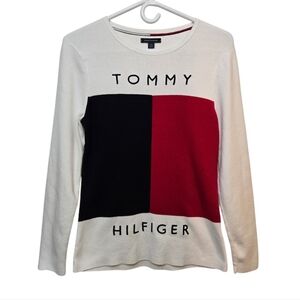 Y2K Tommy Hilfiger Sweater White Tommy Embroidered Logo Sweater Size L